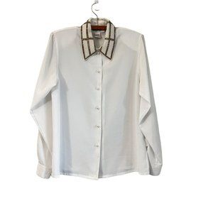 Vintage Yves St Clair White Pearl Metallic Bead Collar Button Blouse Size 8